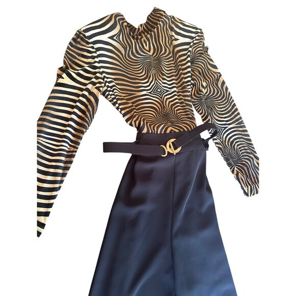 Cache Zebra Print Top & High-Waisted Black Wide-Leg Jumpsuit Size 12 Vintage 90s - Picture 2 of 4